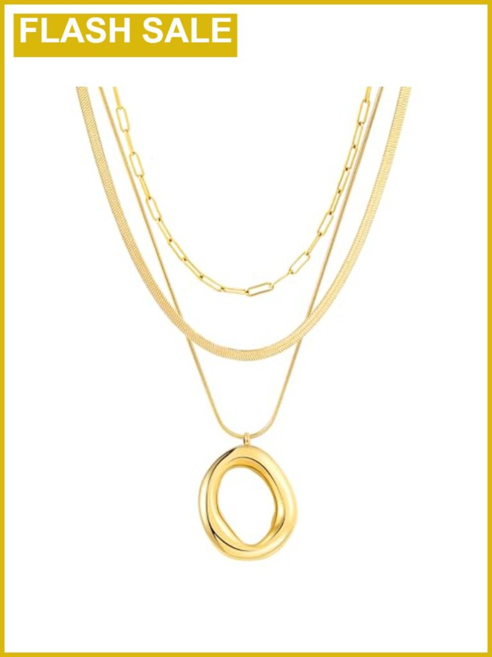 18K Real Gold Plated Stainless Steel Layered Necklace Set Herringbone Paperclip